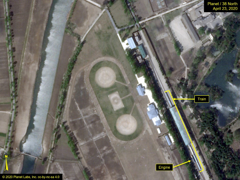 This satellite image taken on April 23, 2020, and provided by Planet Labs and annotated by 38 North, a think tank specialized in North Korea's studies, shows the Wonsan railway station. A train likely belonging to North Korean leader Kim Jong Un has been spotted at a resort town in the country's east, satellite photos reviewed by 38 North showed, as speculation persists over his health. - The train was parked at a station reserved for the Kim family in Wonsan on April 21 and April 23, the respected 38North website said in a report published Saturday. 38North cautioned that the train's presence 
